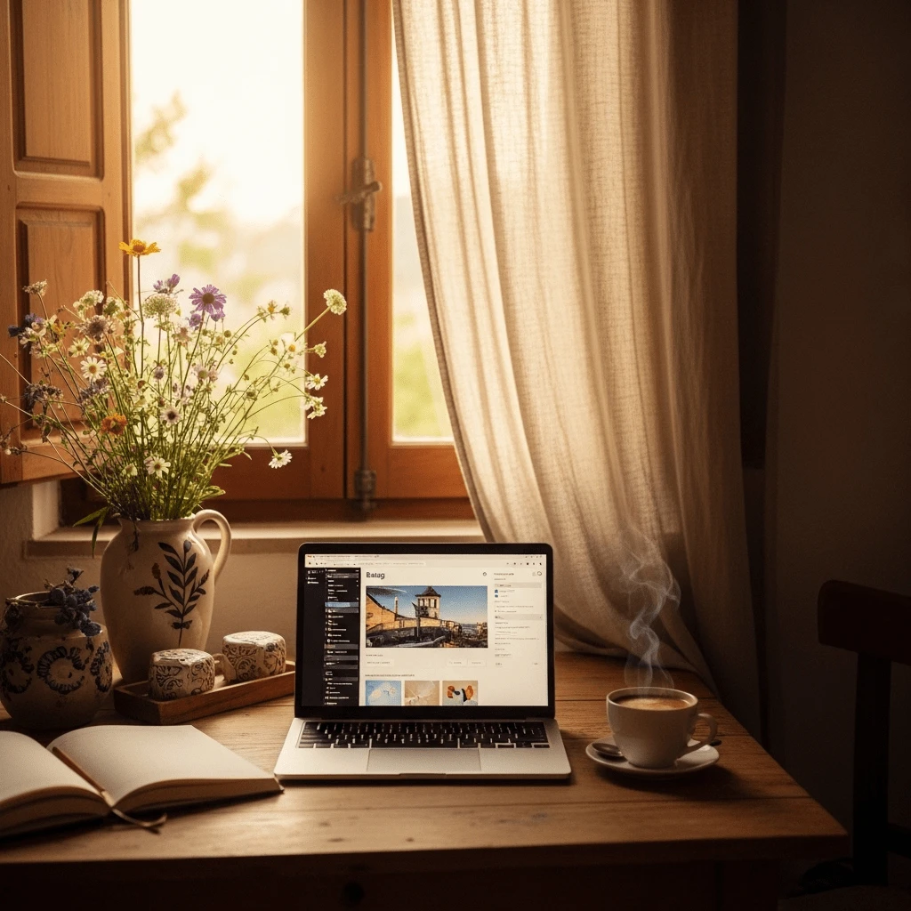 „Gemütlicher Arbeitsplatz mit Laptop, Kaffee und Notizbuch am Fenster – idealer Ort für kreative Blogarbeit und Online-Business-Aufbau mit Pinterest. Warmes Licht, entspannte Atmosphäre und Fokus auf Selbstständigkeit von zu Hause aus.“